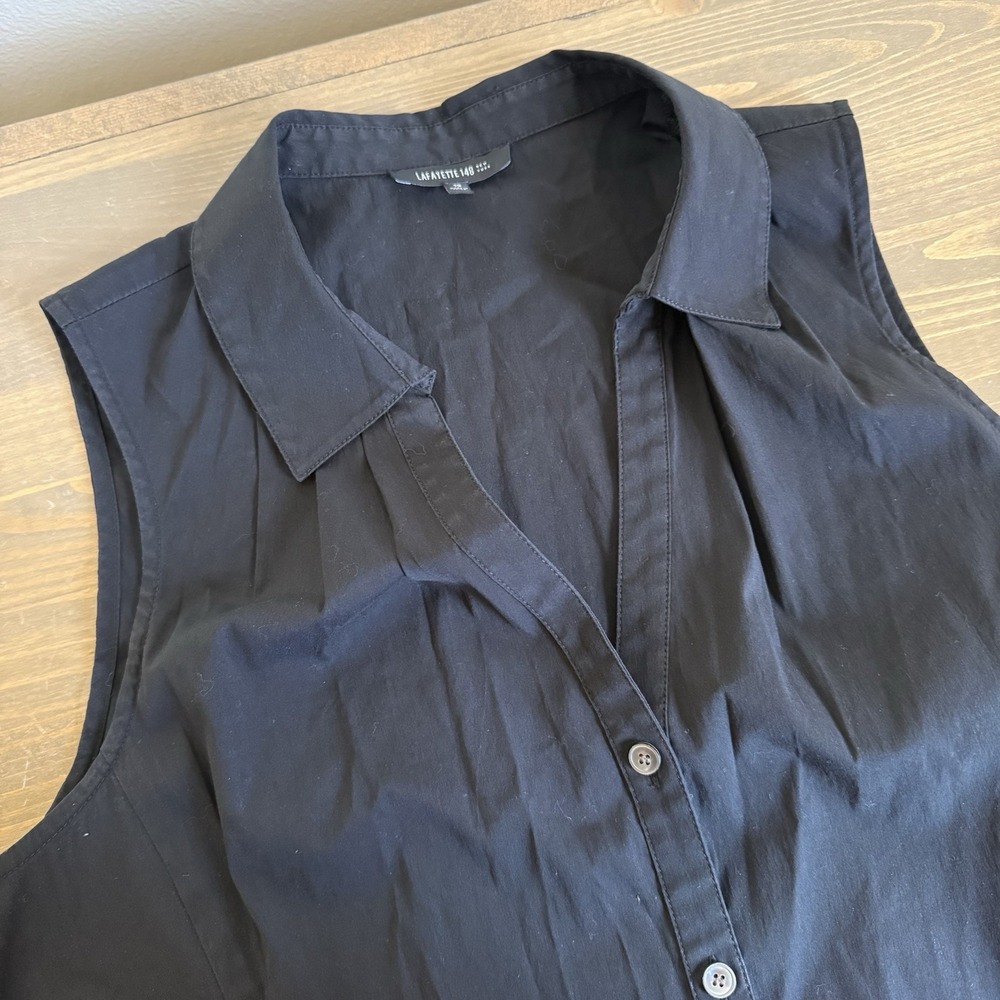 Lafayette 148 Women's 10 Black Sleeveless V-Neck Collared Button Up Blouse‎ Tank